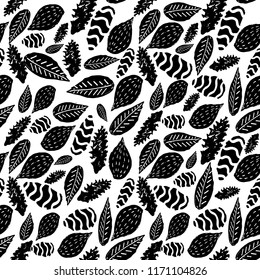Vector abstract black and white stylized tribal leaf seamless repeat pattern background in a linocut style. Perfect for fabric, home decor, stationery, backdrops. 