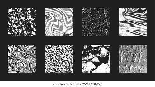 Conjunto de texturas abstractas en blanco y negro de Vector con patrones distorsionados, semitonos y fallas. Perfecto para fondos, superposiciones y diseños digitales modernos, aislados. Conjunto de superposición de gráficos de Vector