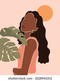 Vector abstract black woman portraits with leafs tropical. International Women's Day. Minimalistic style with beautiful, confident black women. Afro American black skin girl. Fashion illustration.