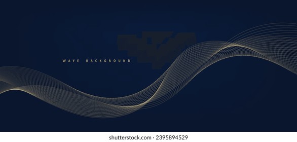 Vector abstract blue background with dynamic golden waves, lines and particles.