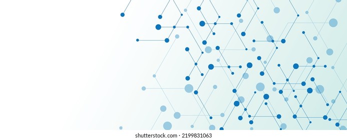 Vector abstract blue background. Pattern of destroyed hexagons with circles, dots. Plexus technology. Digital networks. Molecules of matter. Poster for social networks, medicine, websites.	