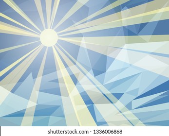 Vector Abstract Blue Background of Sunny Day. Wallpaper of Sky with Sun and Clouds in Low Poly Style. Vector illustration of Soft Colored Fond. Nature backdrop. Ecology Concept for Your Graphic Design