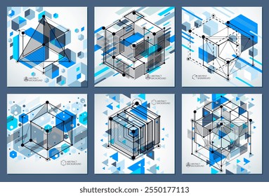 Vector abstract blue backgrounds set created in isometric mesh lines style. Mechanical scheme, vector engineering drawing with cube and mechanism parts. Perfect background for your designs