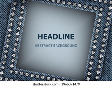 Vector abstract blue banner with shifted square frame with silver sequins on denim background.