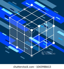 Vector abstract blue black background created in isometric mesh lines style. Mechanical scheme, vector engineering drawing with cube and mechanism parts. Perfect background for your design projects