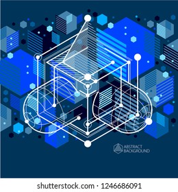 Vector abstract blue black background created in isometric mesh lines style. Mechanical scheme, vector engineering drawing with cube and mechanism parts. Perfect background for your design projects
