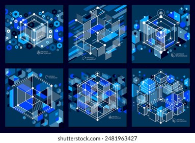 Vector abstract blue black backgrounds set created in isometric mesh lines style. Mechanical scheme, vector engineering drawing with cube and mechanism parts. Perfect background for your designs