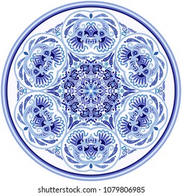 Vector abstract blue decorative floral ethnic round ornamental illustration. 