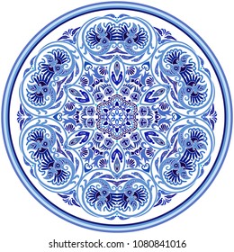 Vector abstract blue decorative floral ethnic round ornamental illustration. 