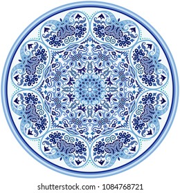 Vector abstract blue decorative floral ethnic round ornamental illustration. 