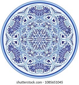 Vector abstract blue decorative floral ethnic round ornamental illustration. 