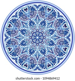 Vector abstract blue decorative floral ethnic round ornamental illustration. 