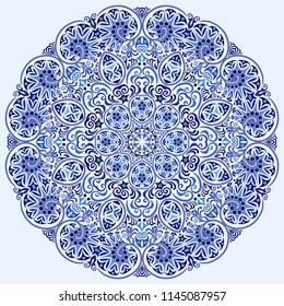 Vector abstract blue decorative floral ethnic round ornamental illustration. 