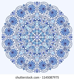 Vector abstract blue decorative floral ethnic round ornamental illustration. 