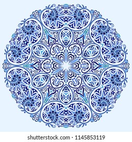 Vector abstract blue decorative floral ethnic round ornamental illustration. 