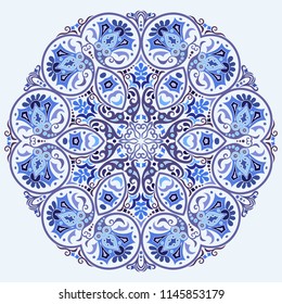 Vector abstract blue decorative floral ethnic round ornamental illustration. 