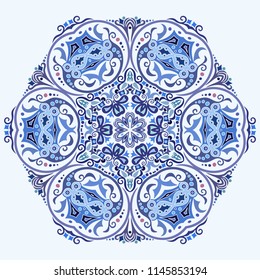 Vector abstract blue decorative floral ethnic round ornamental illustration. 