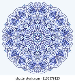 Vector abstract blue decorative floral ethnic round ornamental illustration. 