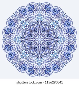 Vector abstract blue decorative floral ethnic round ornamental illustration. 