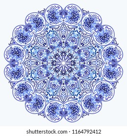 Vector abstract blue decorative floral ethnic round ornamental illustration. 