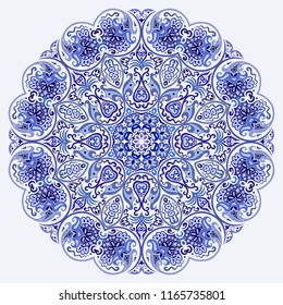 Vector abstract blue decorative floral ethnic round ornamental illustration. 