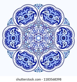 Vector abstract blue decorative floral ethnic round ornamental illustration. 