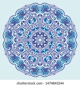 Vector abstract blue decorative floral ethnic round ornamental illustration. 