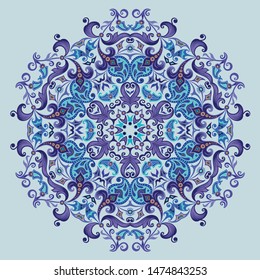 Vector abstract blue decorative floral ethnic round ornamental illustration. 