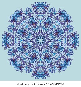 Vector abstract blue decorative floral ethnic round ornamental illustration. 