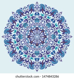 Vector abstract blue decorative floral ethnic round ornamental illustration. 