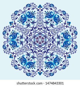 Vector abstract blue decorative floral ethnic round ornamental illustration. 