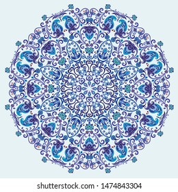 Vector abstract blue decorative floral ethnic round ornamental illustration. 