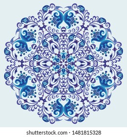 Vector abstract blue decorative floral ethnic round ornamental illustration. 