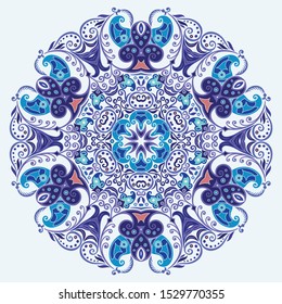 Vector abstract blue decorative floral ethnic round ornamental illustration. 