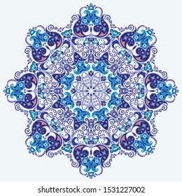 Vector abstract blue decorative floral ethnic round ornamental illustration. 