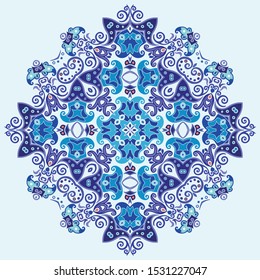 Vector abstract blue decorative floral ethnic round ornamental illustration. 