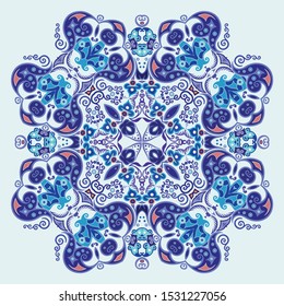 Vector abstract blue decorative floral ethnic round ornamental illustration. 