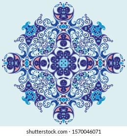 Vector abstract blue decorative floral ethnic round ornamental illustration. 