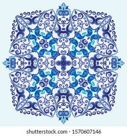 Vector abstract blue decorative floral ethnic round ornamental illustration. 