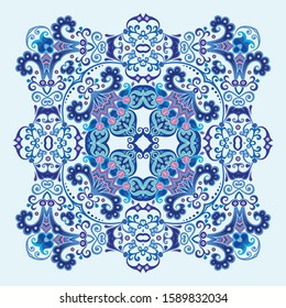 Vector abstract blue decorative floral ethnic ornamental illustration. 