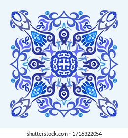 Vector abstract blue decorative floral ethnic ornamental illustration. 