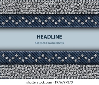 Vector abstract blue denim design with silver sequin piles and zig-zag.