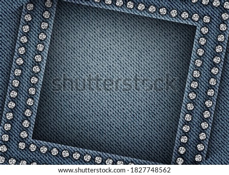 Vector abstract blue denim design with shifted square frame with silver spangles on denim background.
