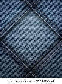 Vector abstract blue denim rhombus background with stitches and silver sequins.