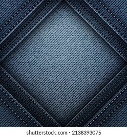 Vector abstract blue denim rhombus frame with stitches.