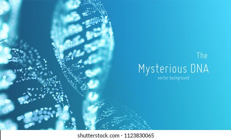 Vector abstract blue DNA double helix illustration with shallow depth of field. Mysterious source of life background. Genom futuristic image. Conceptual design of genetics information