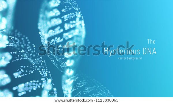 Vector\
abstract blue DNA double helix illustration with shallow depth of\
field. Mysterious source of life background. Genom futuristic\
image. Conceptual design of genetics\
information