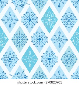 Vector abstract blue doodle rhombus seamless pattern background