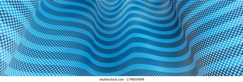 Vector abstract blue dotted texture and lines background with dimensional perspective, technology and science theme, big data flow, geometric 3D design.