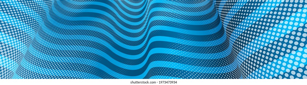 Vector abstract blue dotted texture and lines background with dimensional perspective, technology and science theme, big data flow, geometric 3D design.